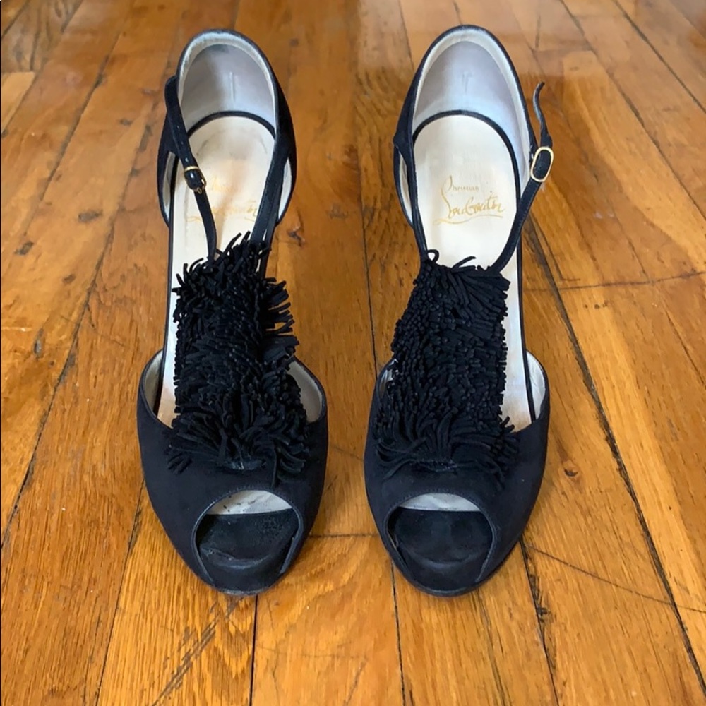 Blk Suede Christian Louboutin Fringe Pumps